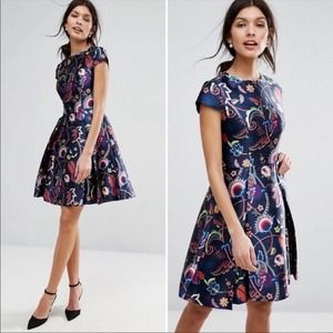 Ted Baker Fluxam Folk Foliage Skater Mini Dress sz 3 (us 8)